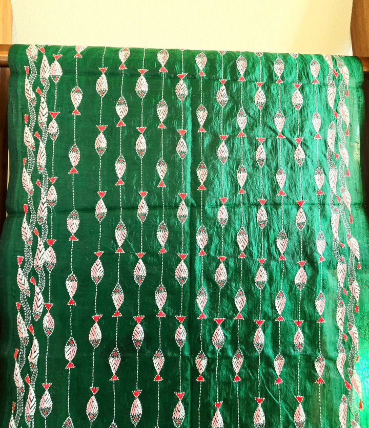 Hand Embroidered Kantha Silk Scarf - Green Fish Heritage Design - Ohana Earth