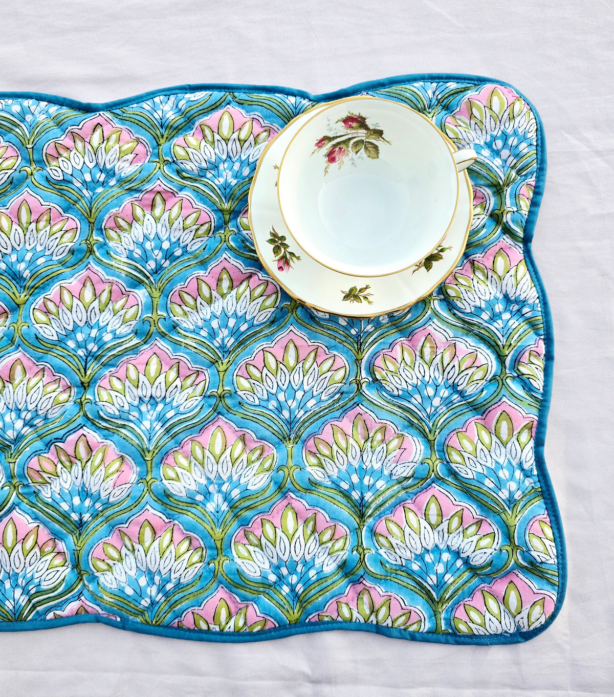 Blue Floral Handmade Cotton Quilted Placemat with Scalloped Sides - Ohana Earth