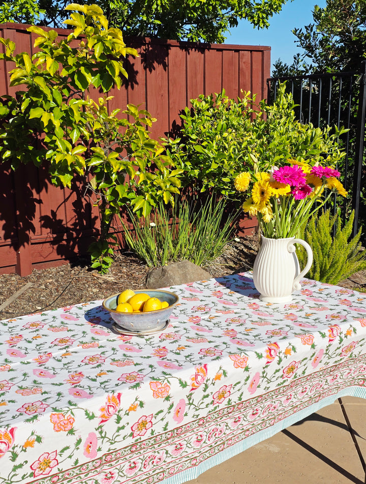 Orange Pink Flower Block Printed Table Cloth - Ohana Earth