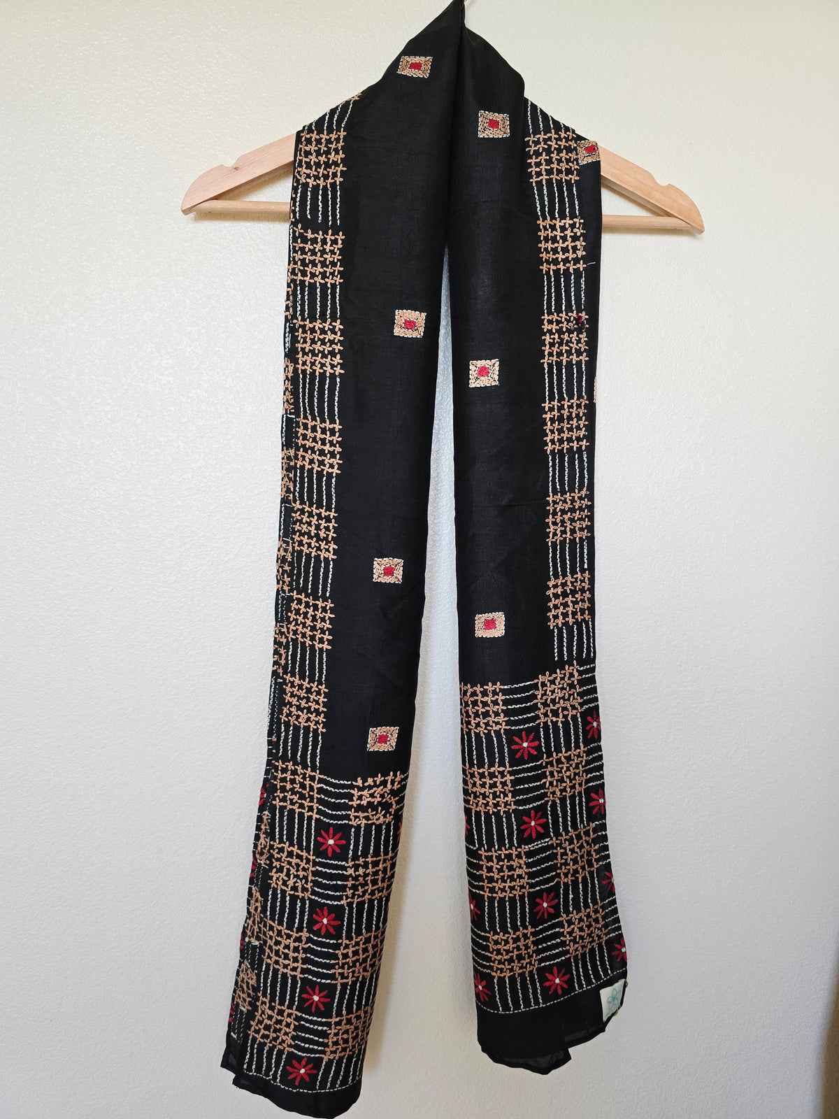 Hand Embroidered Kantha Silk Scarf - Red Geometric Kantha Silk Scarf - Ohana Earth