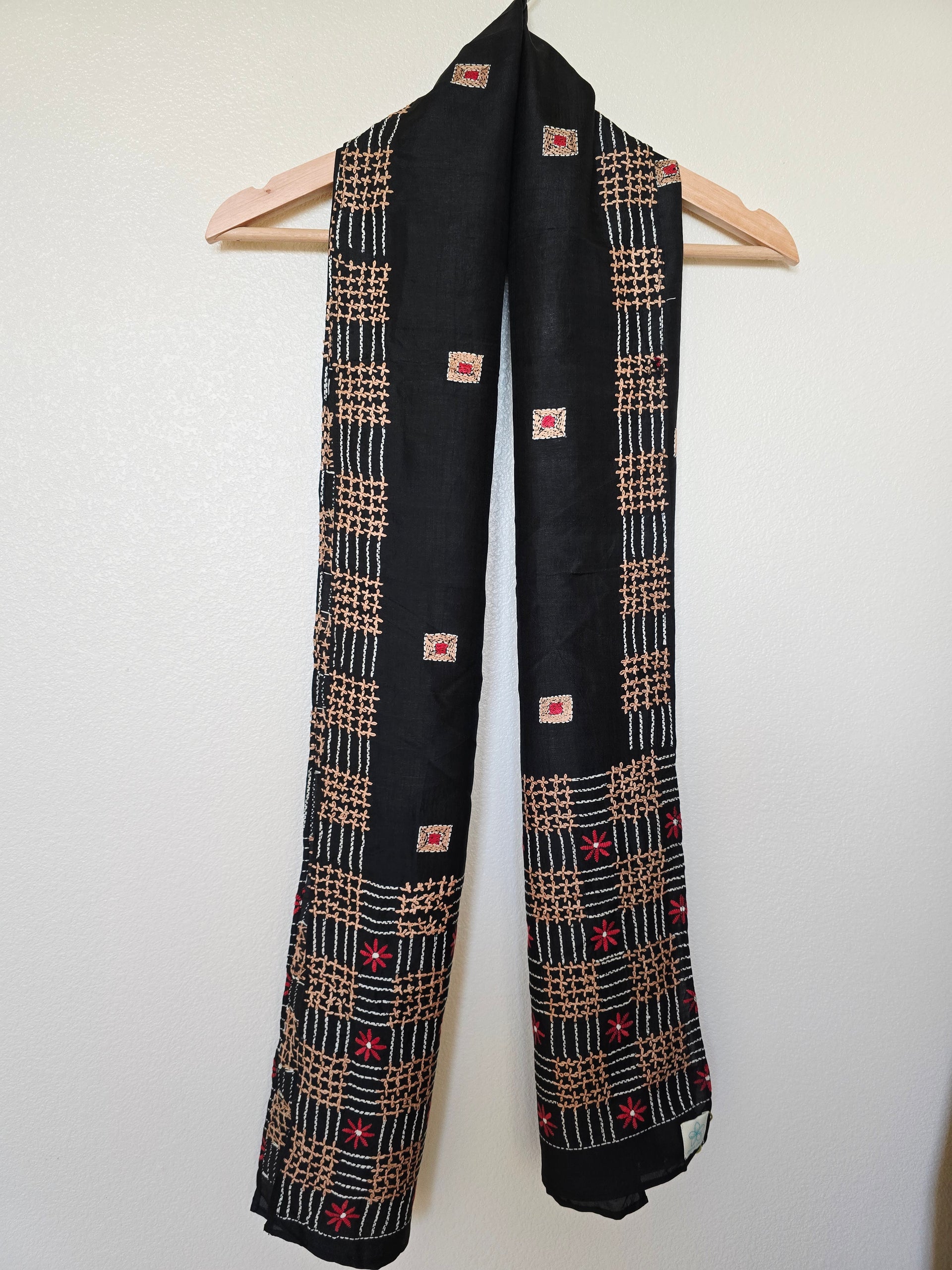 Hand Embroidered Kantha Silk Scarf - Red Geometric Kantha Silk Scarf - Ohana Earth