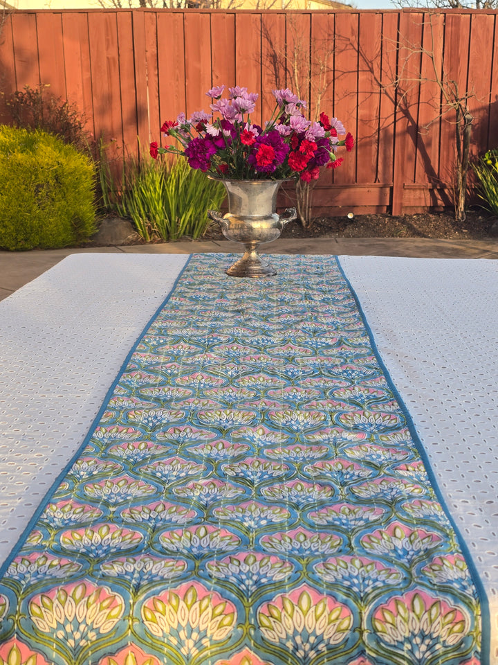 Blue Floral Handmade Kantha Table Runner | Block Print & Sustainable Cotton - Ohana Earth