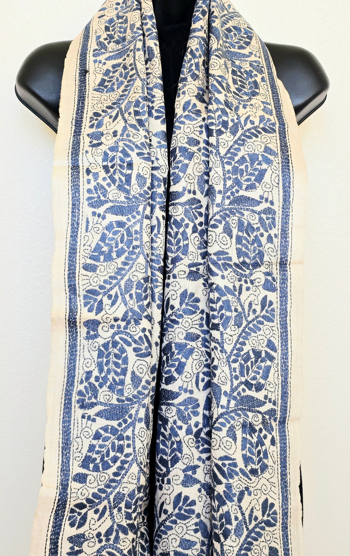 Hand Embroidered Kantha Silk Scarf - Beige and Grey Floral Heritage Design - Ohana Earth