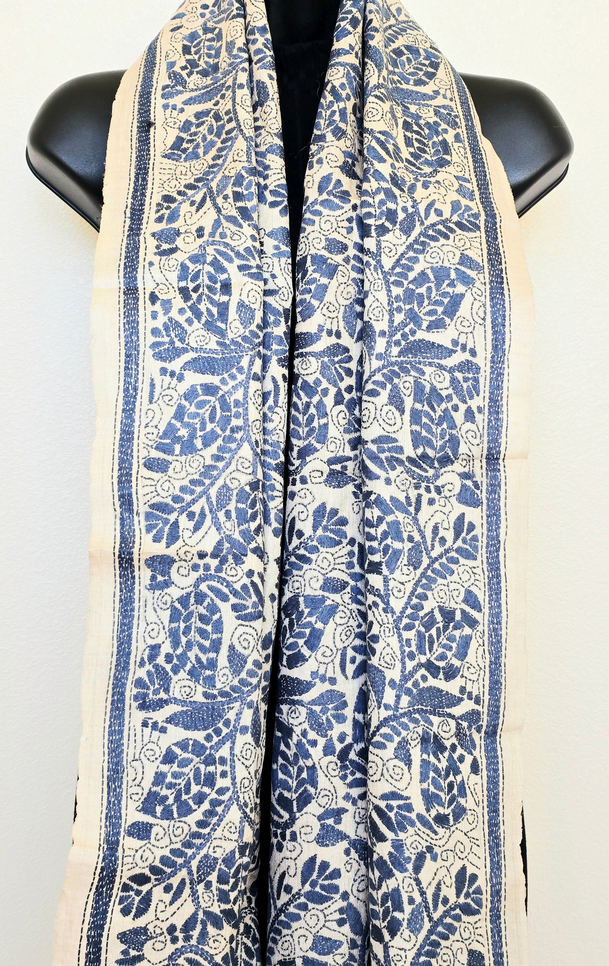 Hand Embroidered Kantha Silk Scarf - Beige and Grey Floral Heritage Design - Ohana Earth