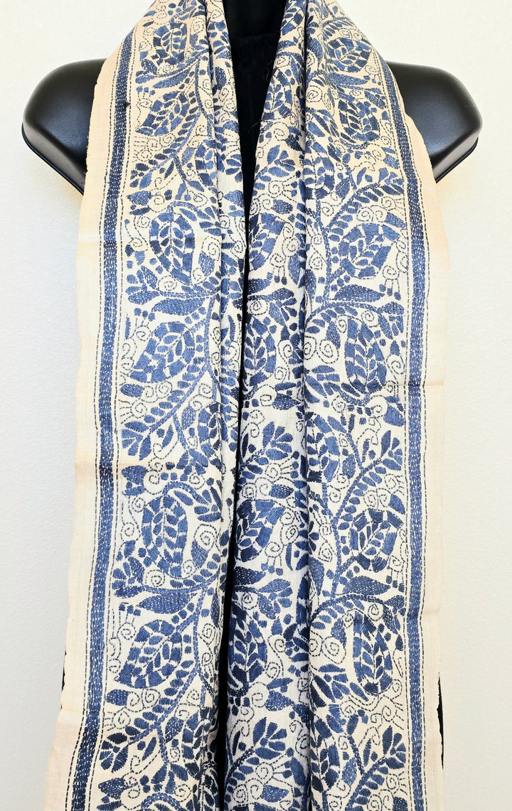 Hand Embroidered Kantha Silk Scarf - Beige and Grey Floral Heritage Design - Ohana Earth