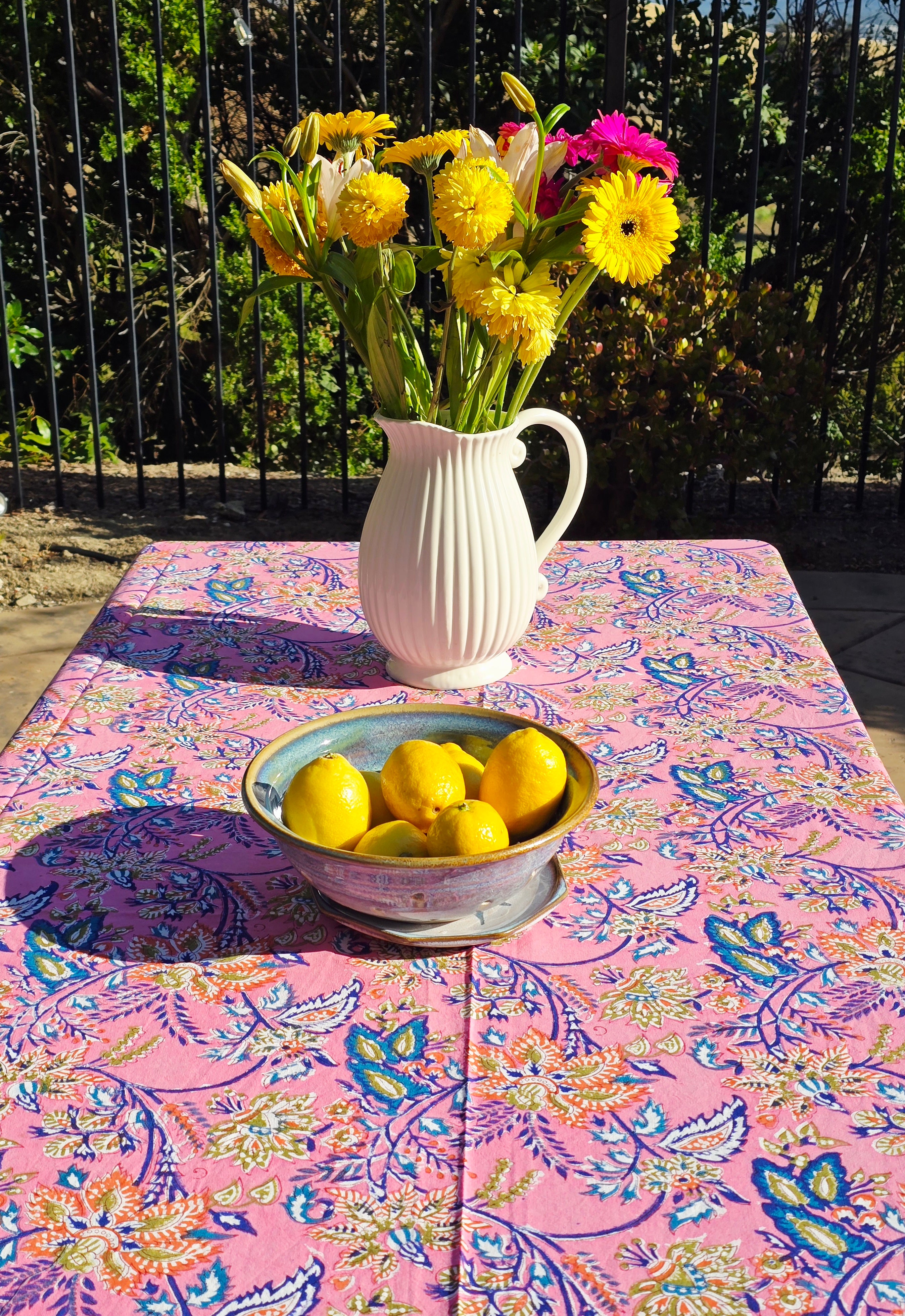 Pink Flower Block Printed Table Cloth - Ohana Earth