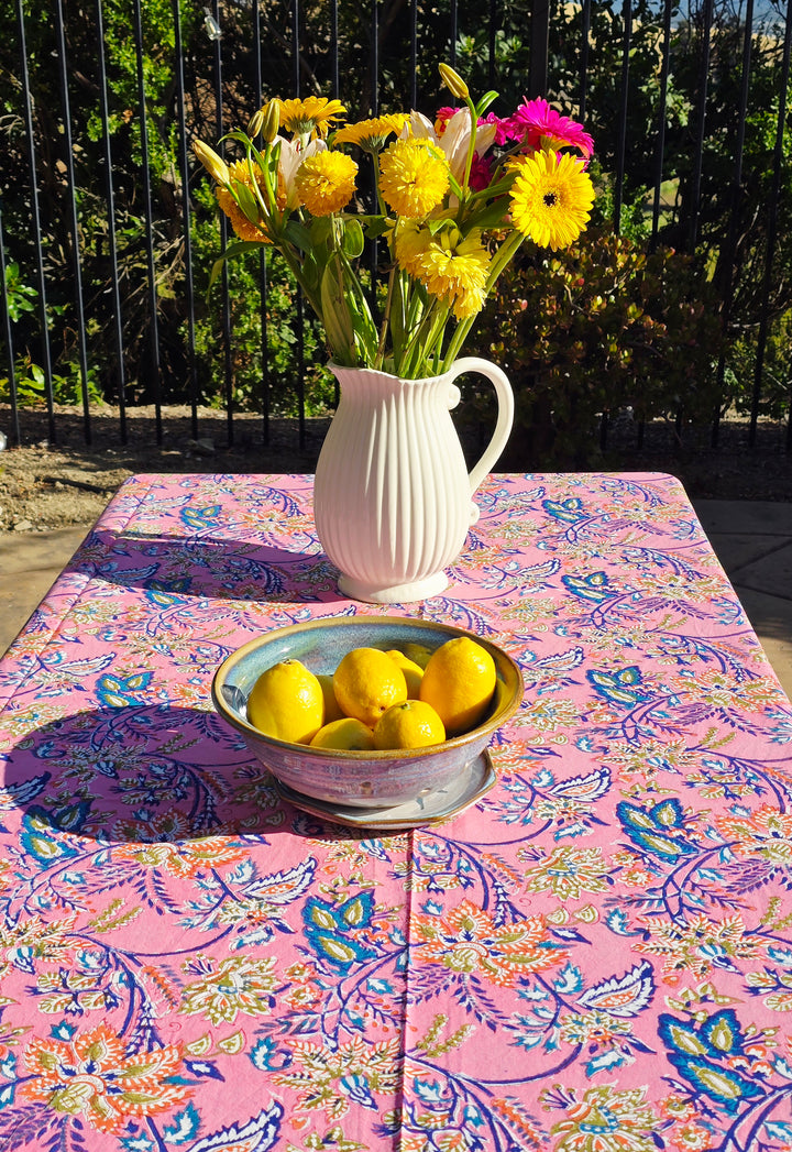 Pink Flower Block Printed Table Cloth - Ohana Earth
