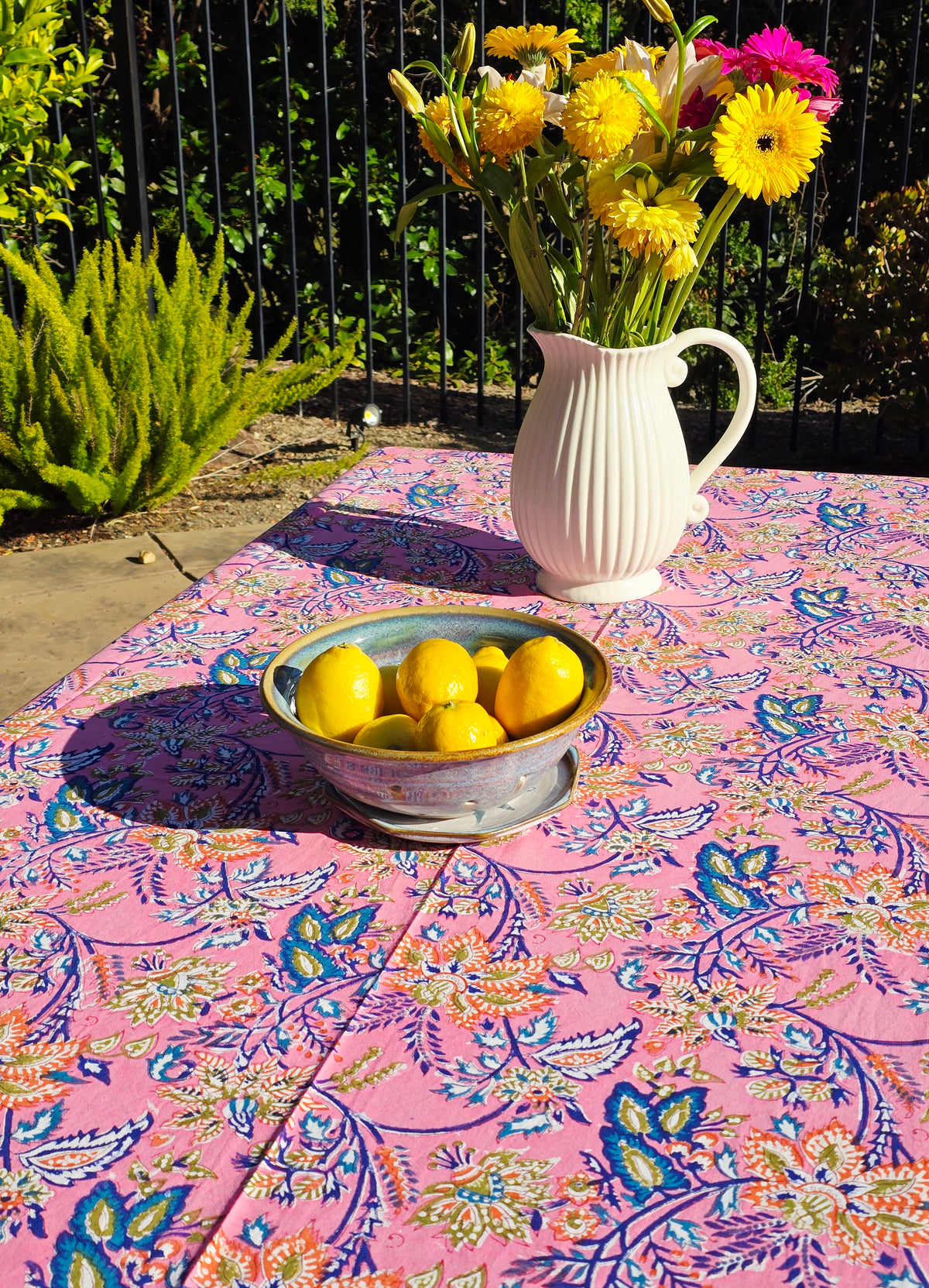 Pink Flower Block Printed Table Cloth - Ohana Earth