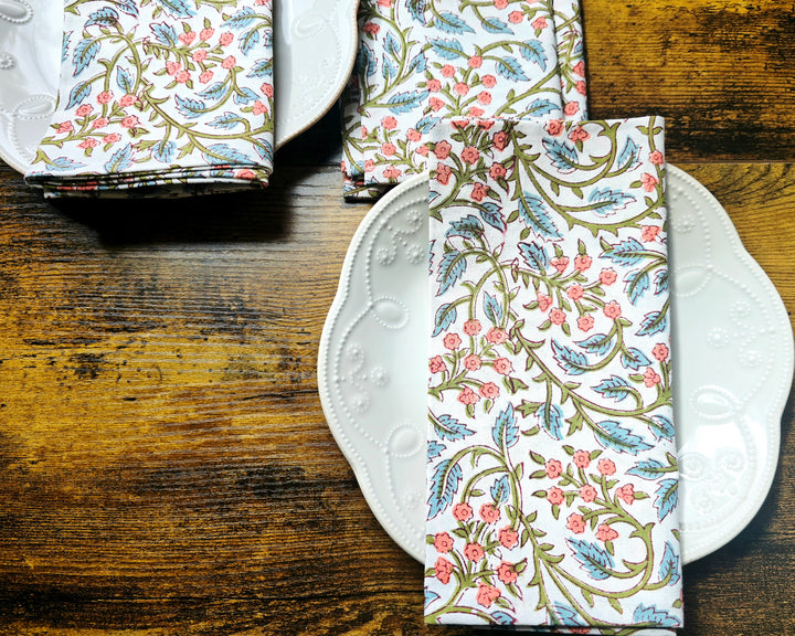 White Floral Block Print Cotton Napkins Set – Handmade Cloth Napkins - Ohana Earth