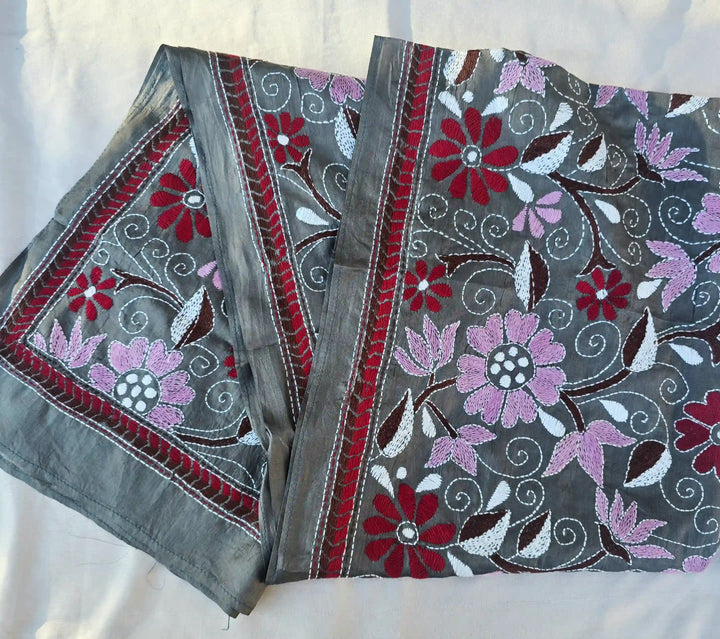 Hand Embroidered Kantha Silk Scarf - Grey Floral Heritage Design - Ohana Earth