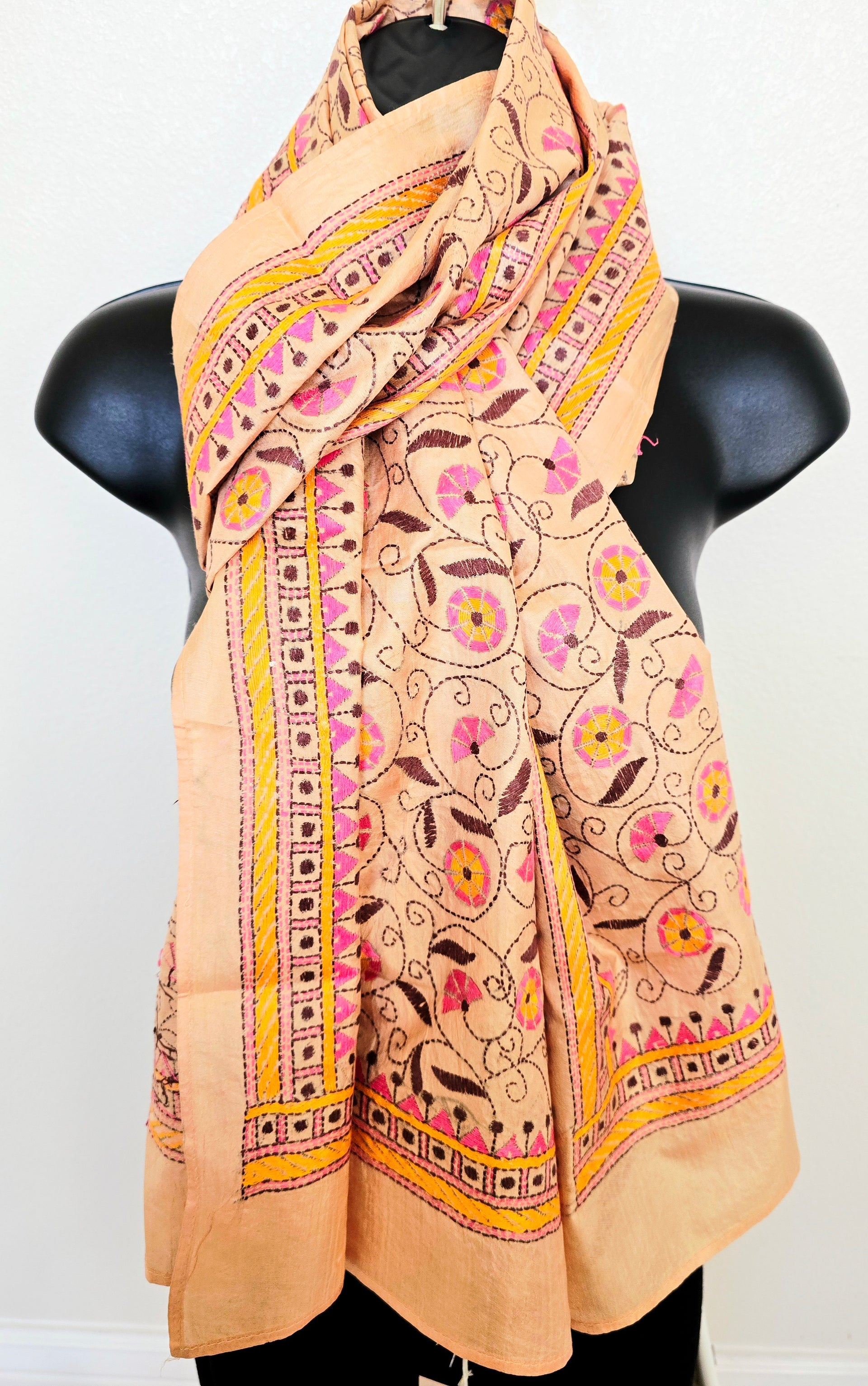 Hand Embroidered Kantha Silk Scarf - Floral Pastel Heritage Design - Ohana Earth