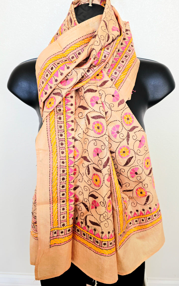 Hand Embroidered Kantha Silk Scarf - Floral Pastel Heritage Design - Ohana Earth