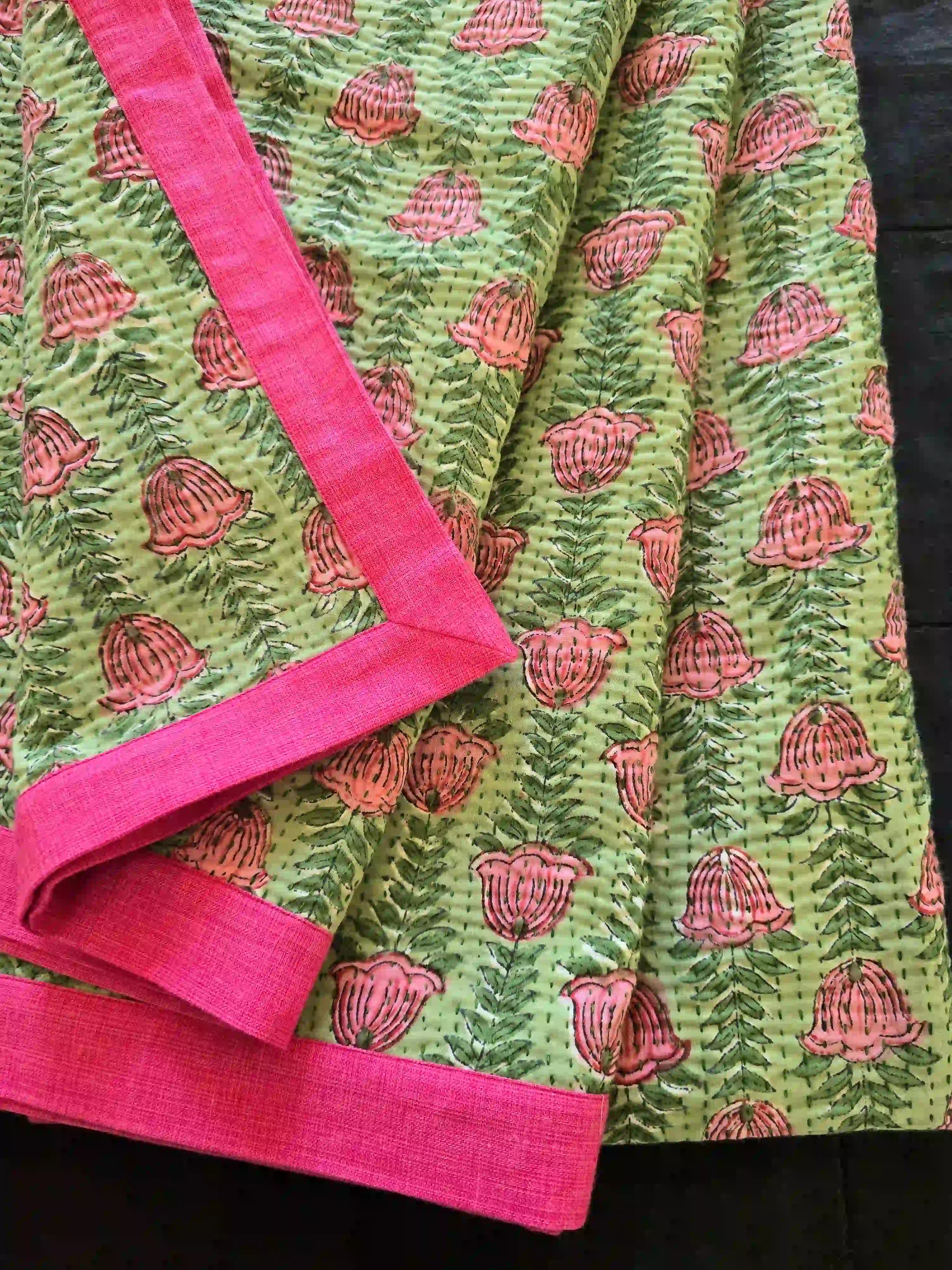 Green Pink Floral Handmade Kantha Throw - Ohana Earth