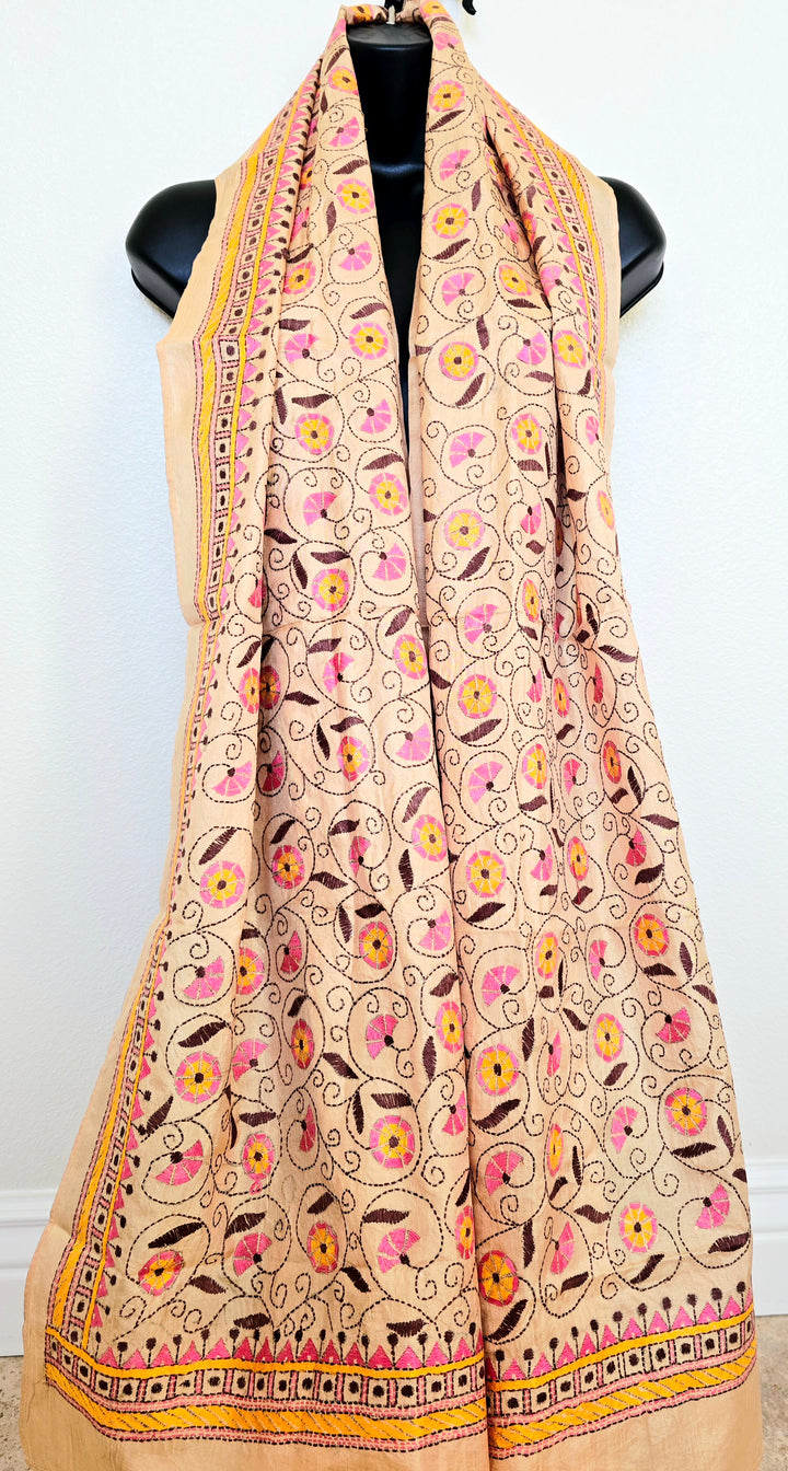 Hand Embroidered Kantha Silk Scarf - Floral Pastel Heritage Design - Ohana Earth