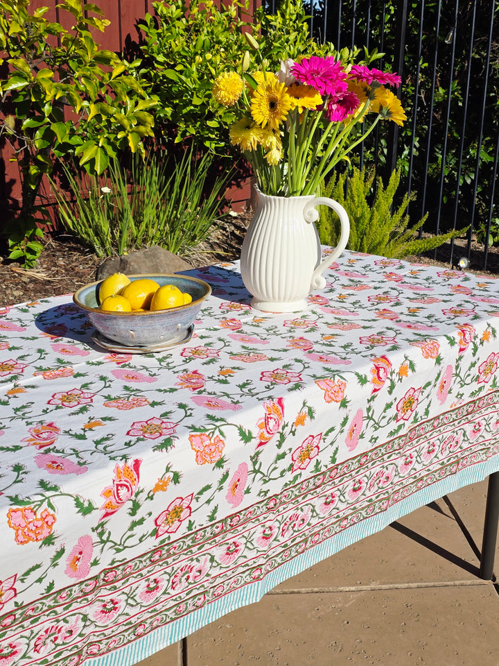Orange Pink Flower Block Printed Table Cloth - Ohana Earth