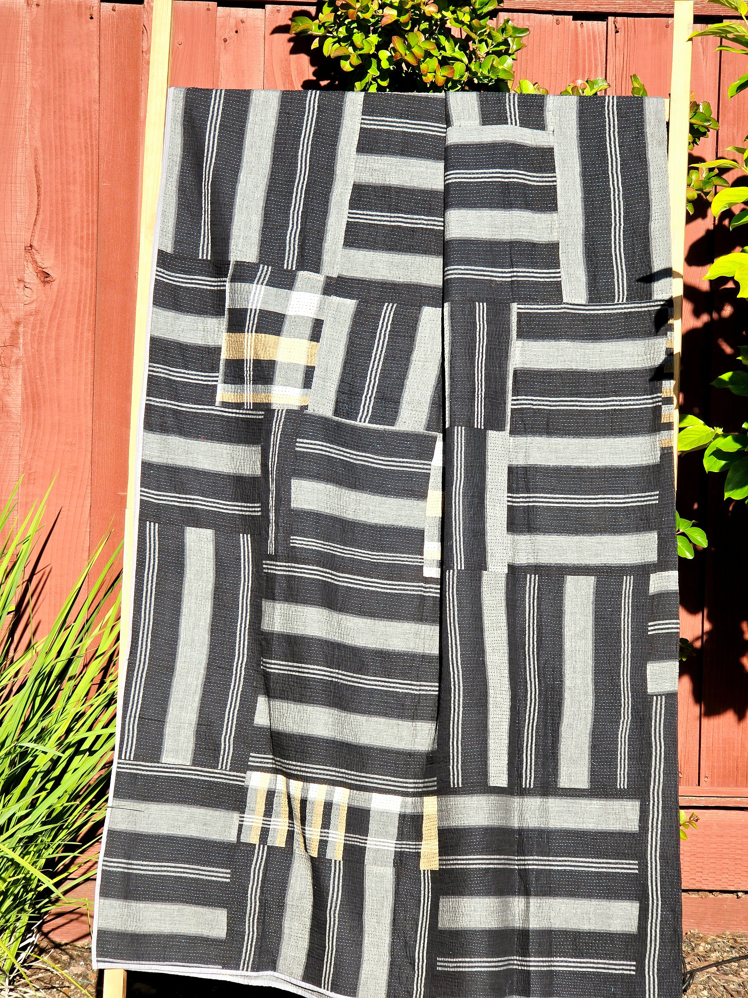 White Black Patchwork Handmade Kantha Throw - Ohana Earth