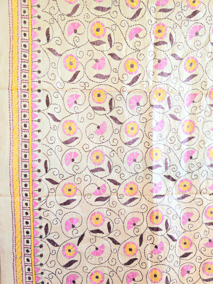 Hand Embroidered Kantha Silk Scarf - Floral Pastel Heritage Design - Ohana Earth