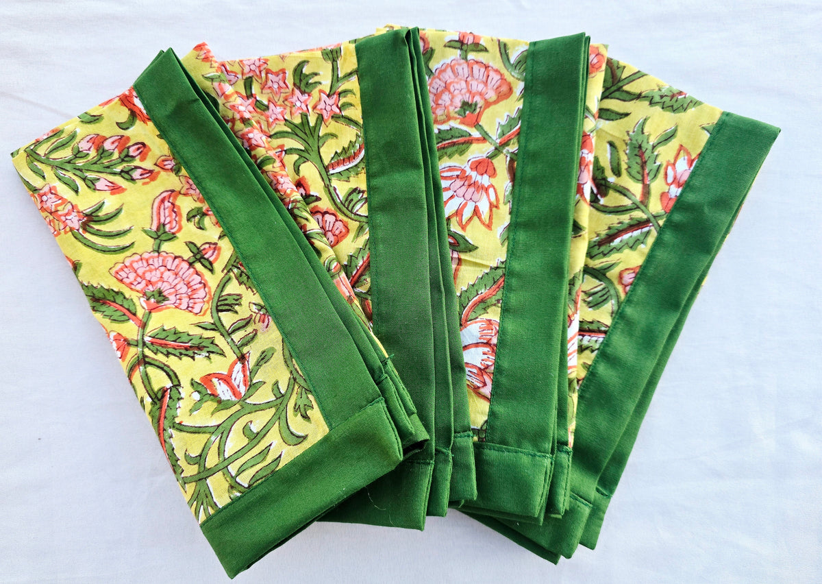 Yellow Floral Cotton Hand block Printed Napkin - Ohana Earth
