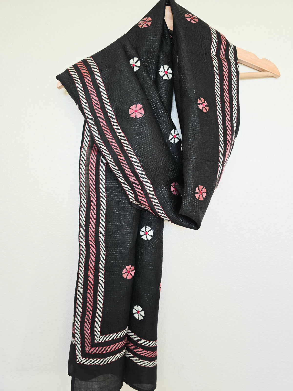Hand Embroidered Kantha Silk Scarf - Black Pink Floral Design - Ohana Earth