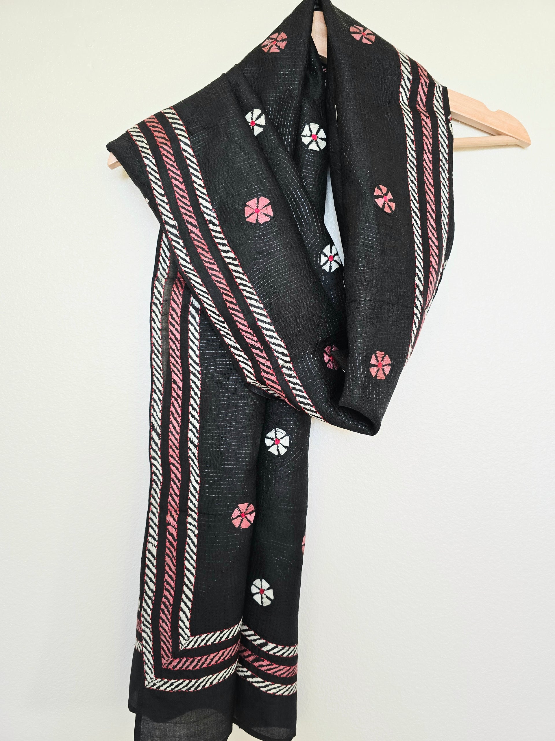 Hand Embroidered Kantha Silk Scarf - Black Pink Floral Design - Ohana Earth