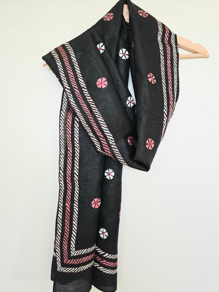 Hand Embroidered Kantha Silk Scarf - Black Pink Floral Design - Ohana Earth