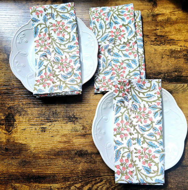 White Floral Block Print Cotton Napkins Set – Handmade Cloth Napkins - Ohana Earth