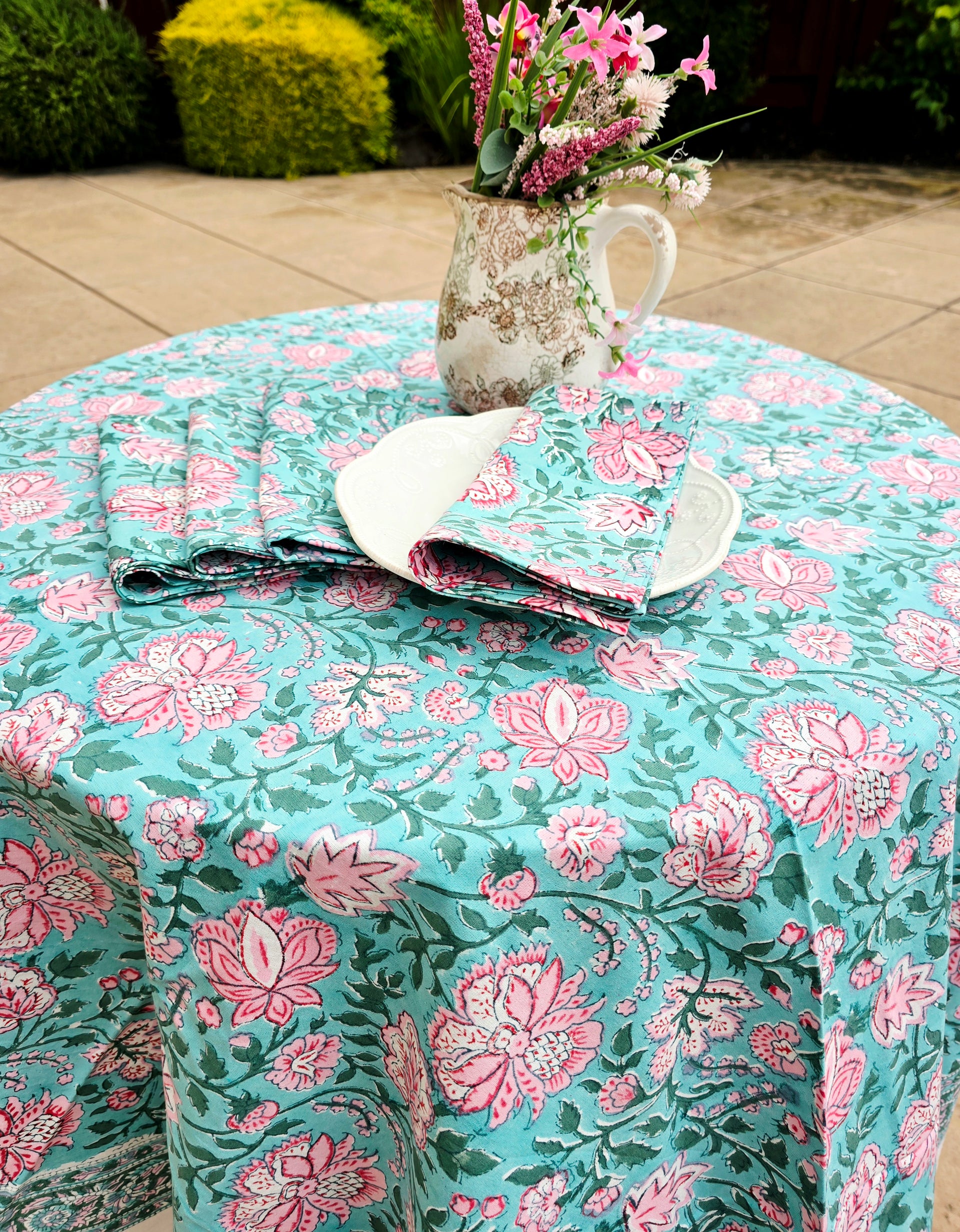 Round Block Print Cotton Table Cloth - Green Floral Handmade - Ohana Earth