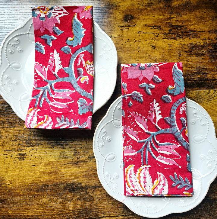 Red Floral Block Print Cotton Napkins Set – Handmade Cloth Napkins - Ohana Earth