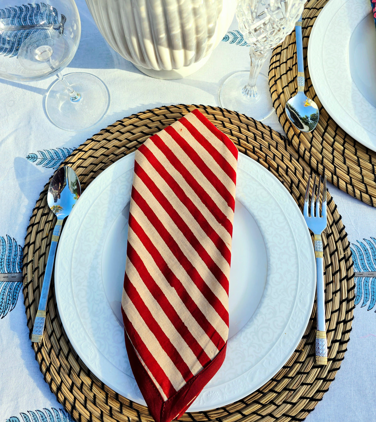 Maroon Stripe Pure Cotton Hand block Printed Napkin - Ohana Earth