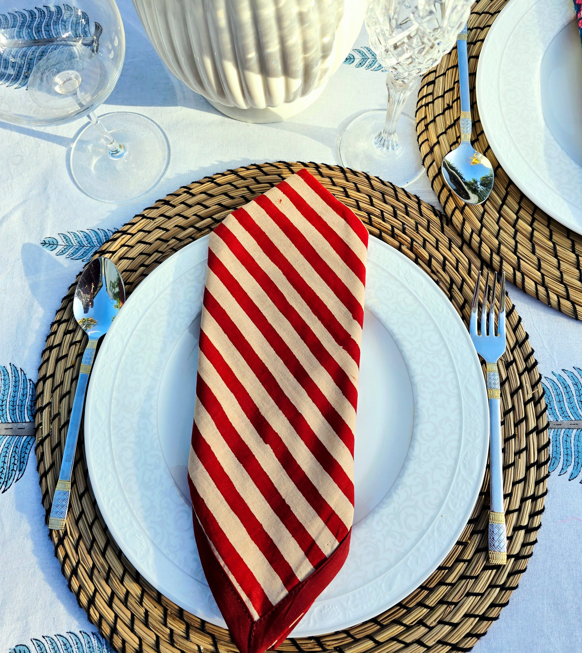 Maroon Stripe Pure Cotton Hand block Printed Napkin - Ohana Earth