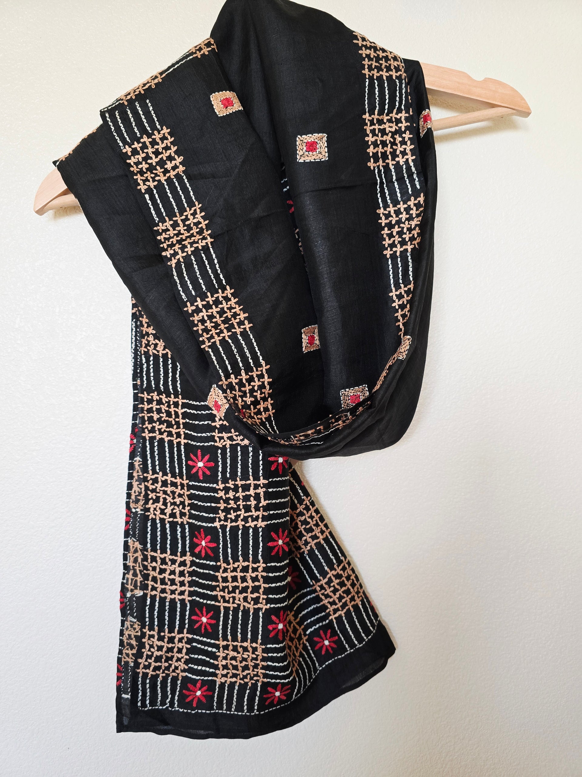 Hand Embroidered Kantha Silk Scarf - Red Geometric Kantha Silk Scarf - Ohana Earth