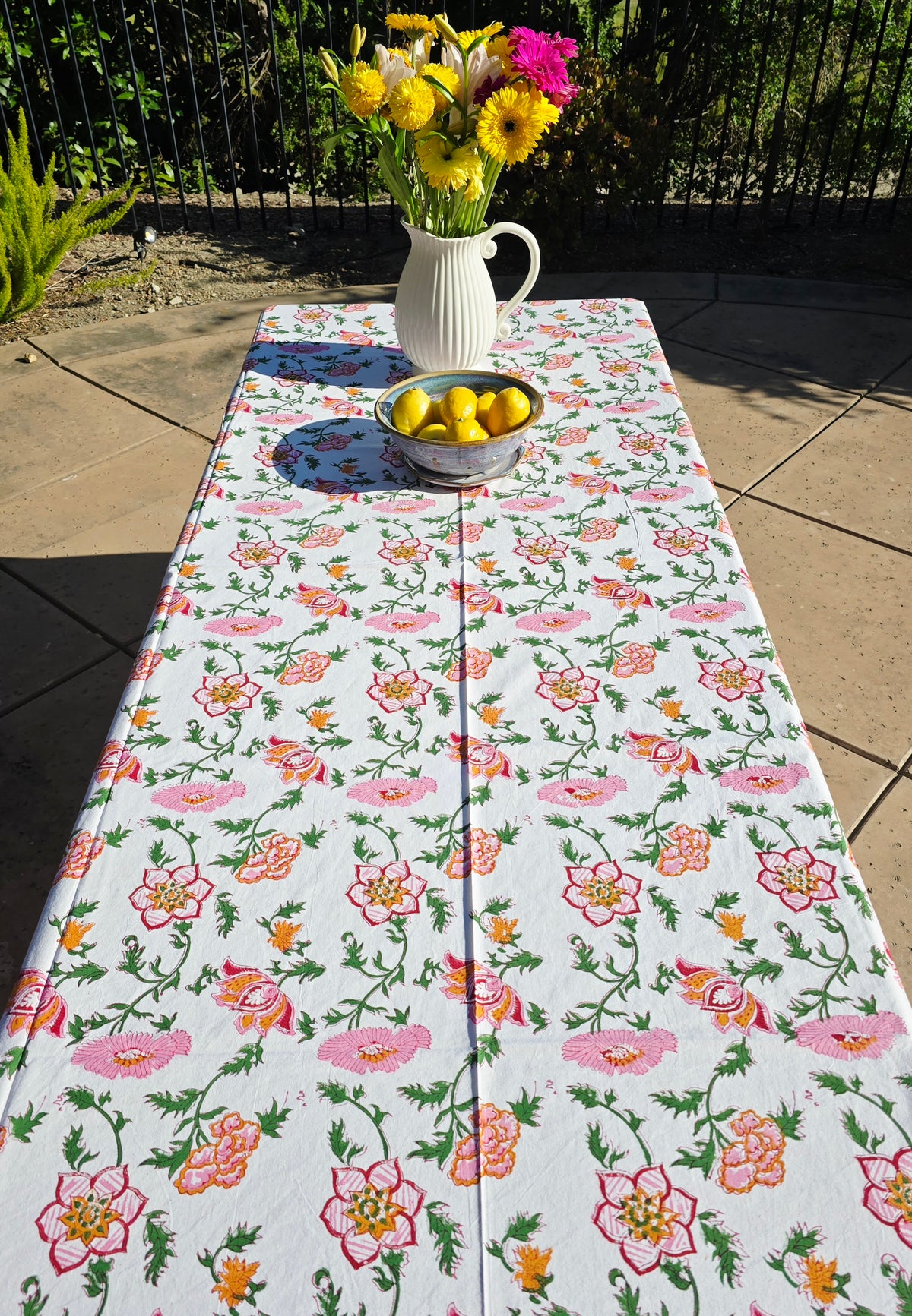 Orange Pink Flower Block Printed Table Cloth - Ohana Earth