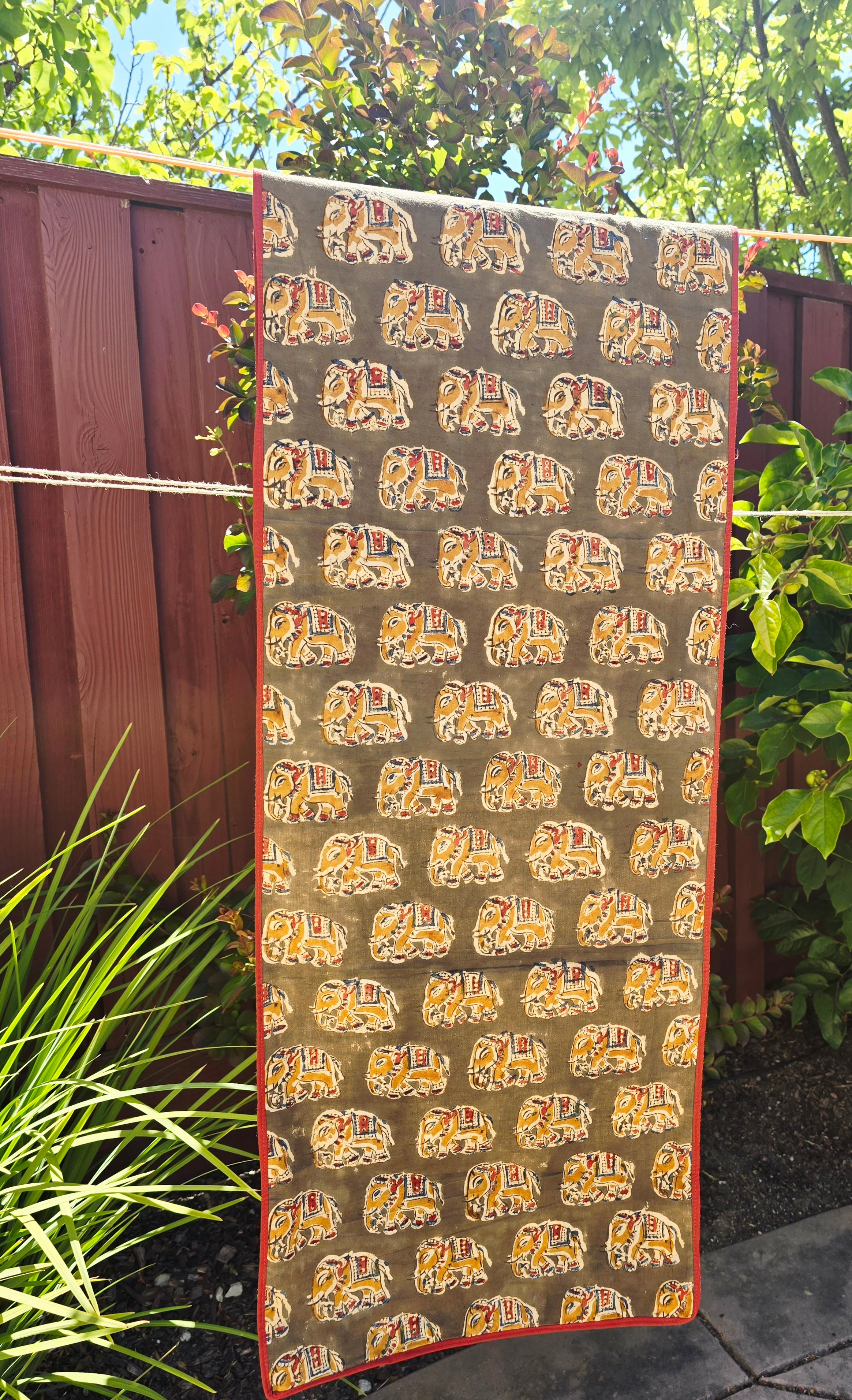 Hand Block Print Table Runner — Elephant, Olive + Burgundy - Ohana Earth