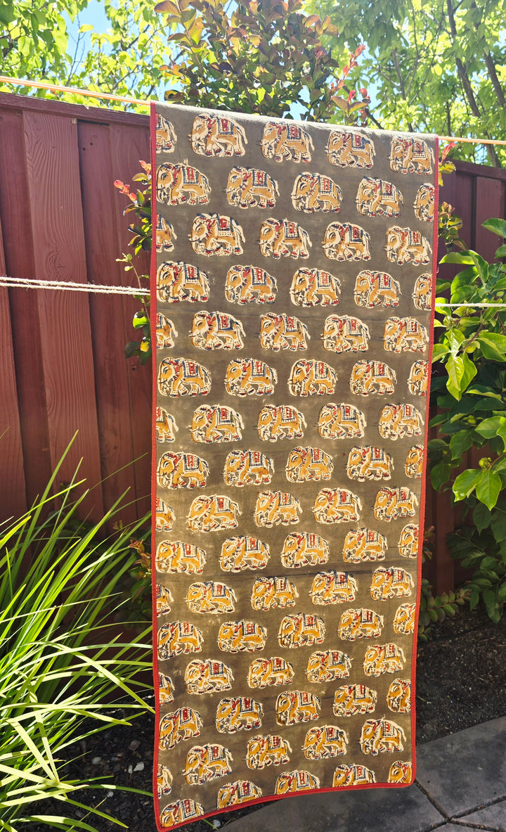 Hand Block Print Table Runner — Elephant, Olive + Burgundy - Ohana Earth