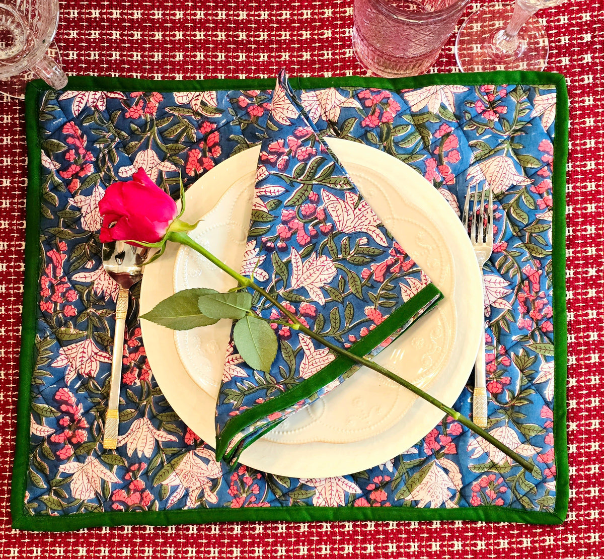 Floral Blue Cotton Quilted Placemat - Ohana Earth