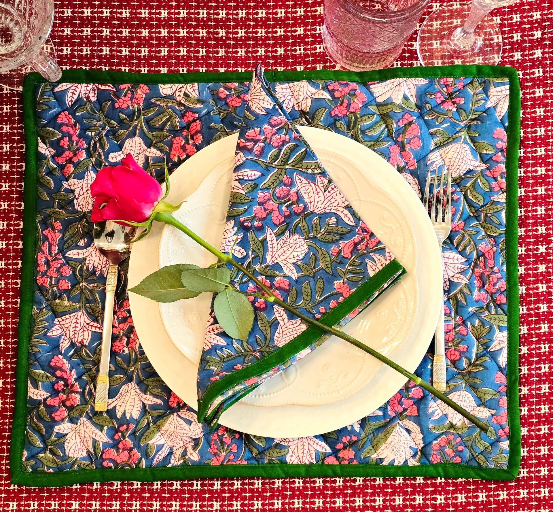 Floral Blue Cotton Quilted Placemat - Ohana Earth