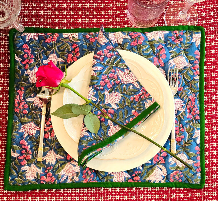 Floral Blue Cotton Quilted Placemat - Ohana Earth