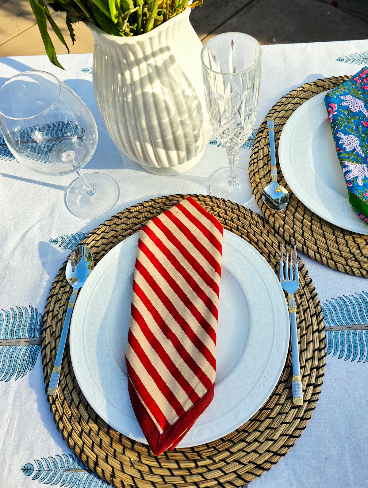 Maroon Stripe Pure Cotton Hand block Printed Napkin - Ohana Earth