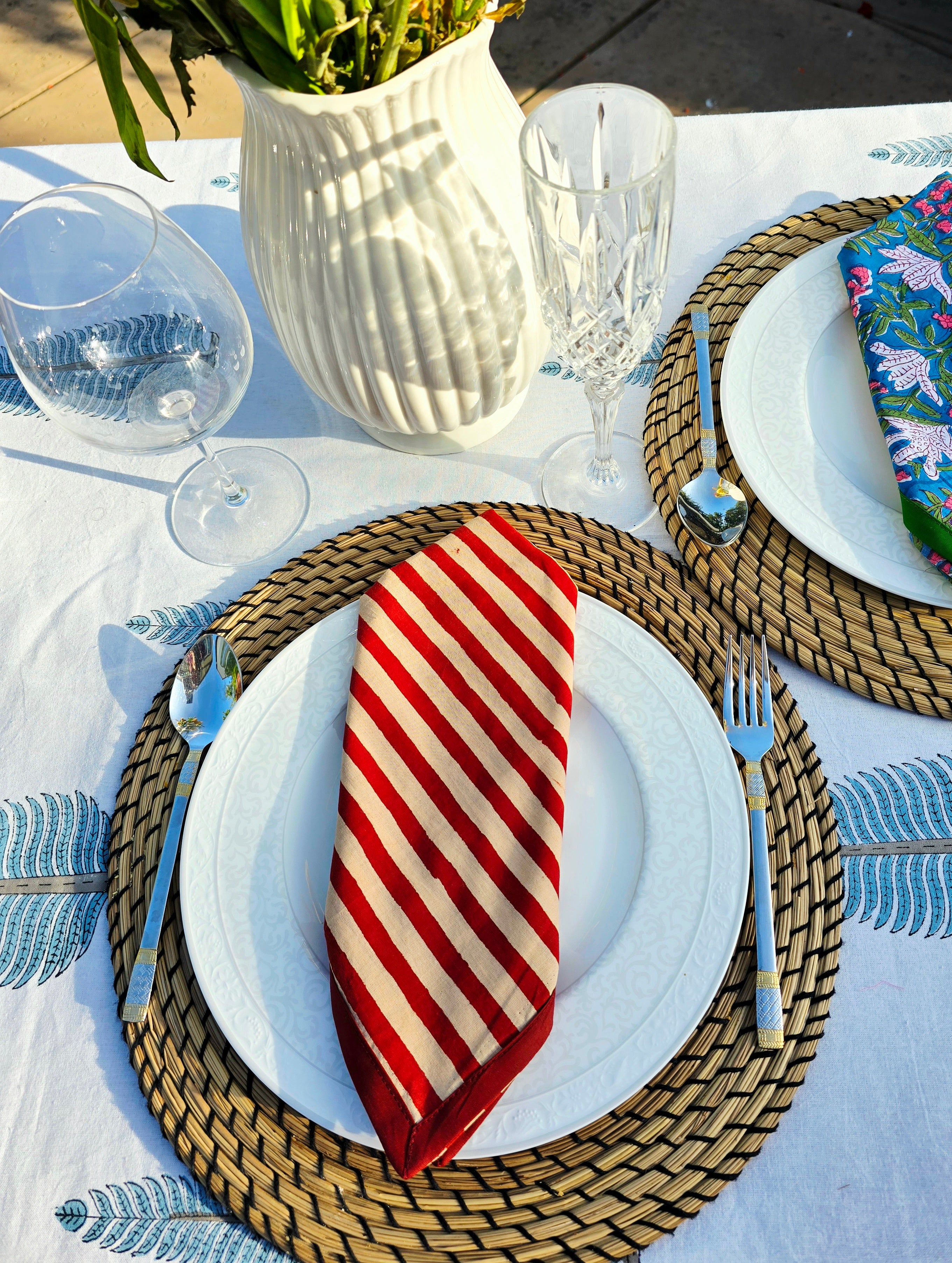 Maroon Stripe Pure Cotton Hand block Printed Napkin - Ohana Earth