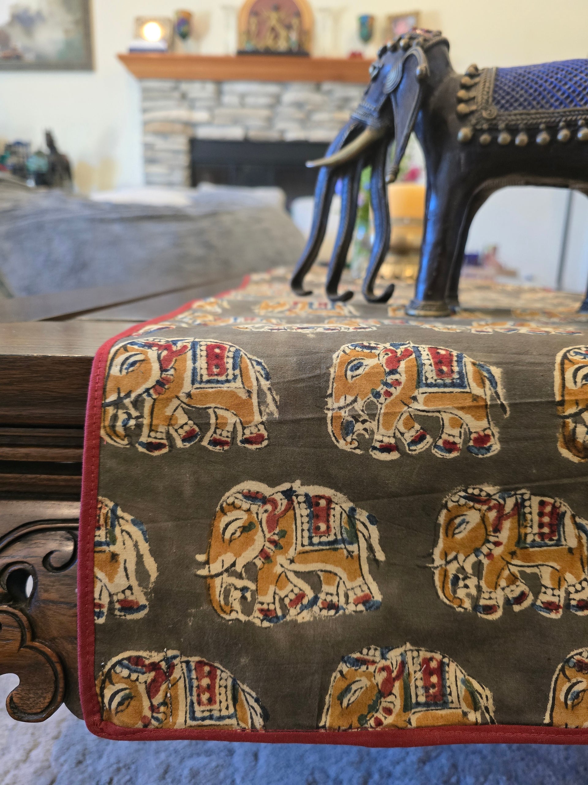 Hand Block Print Table Runner — Elephant, Olive + Burgundy - Ohana Earth