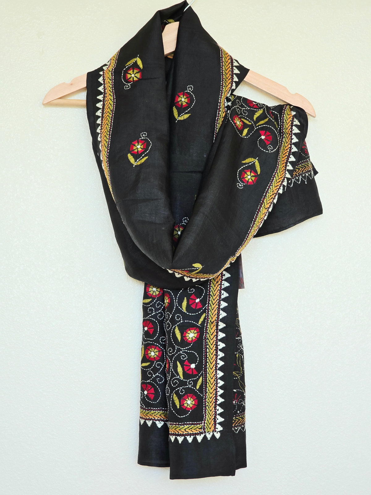 Hand Embroidered Kantha Silk Scarf - Black Floral Design - Ohana Earth