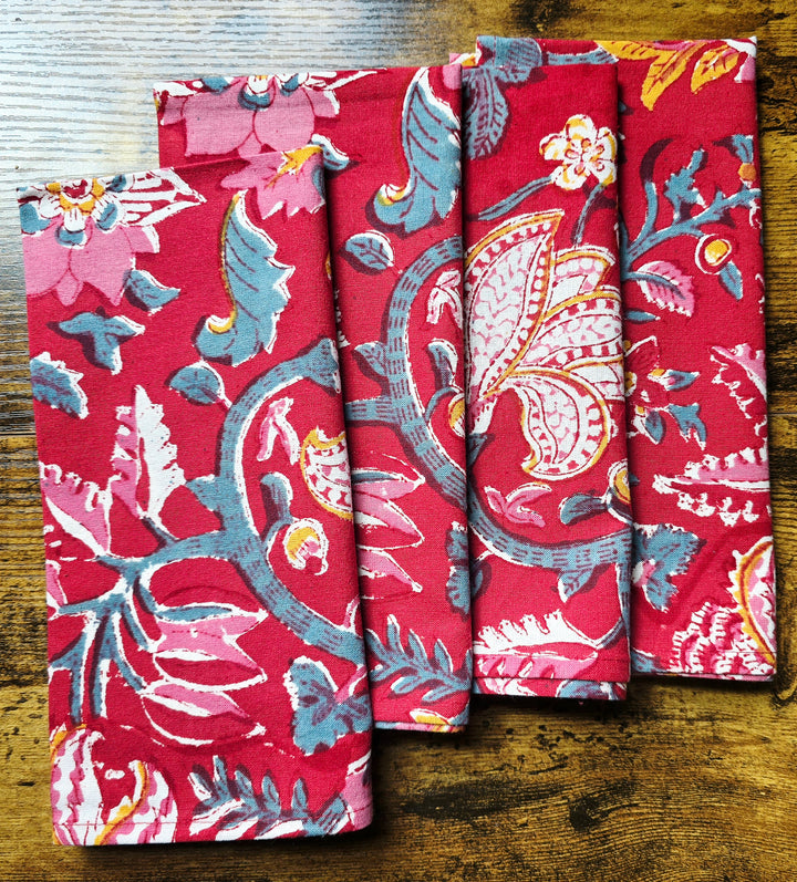 Red Floral Block Print Cotton Napkins Set – Handmade Cloth Napkins - Ohana Earth
