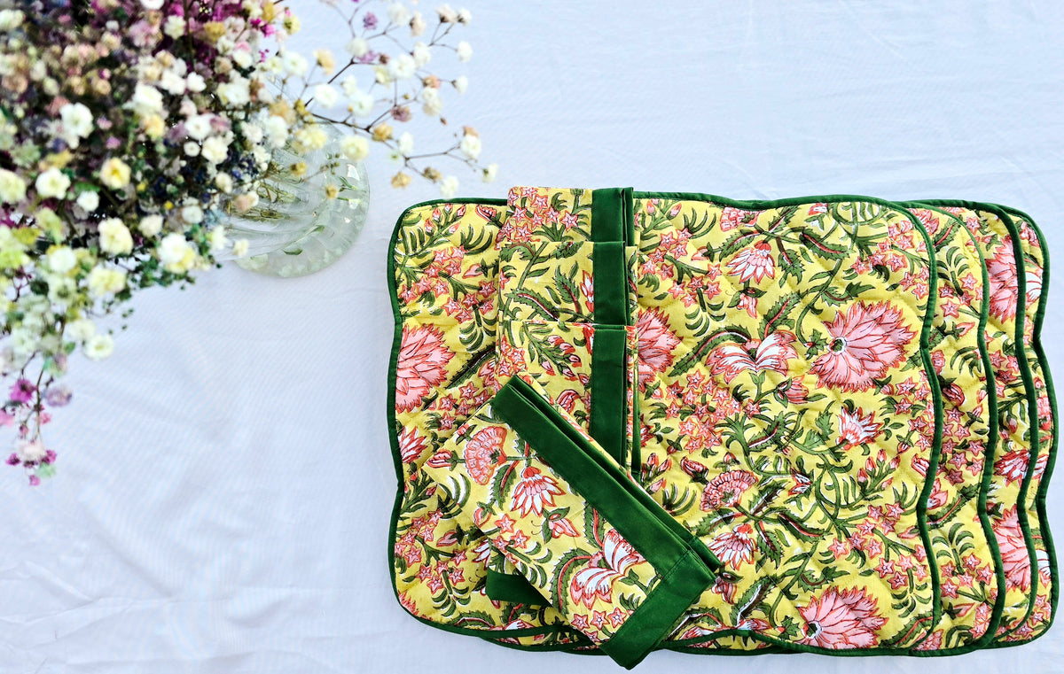 Yellow Floral Cotton Hand block Printed Napkin - Ohana Earth