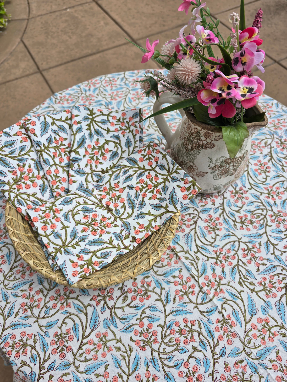 Round Block Print Cotton Tablecloth – White Floral Handmade - Ohana Earth