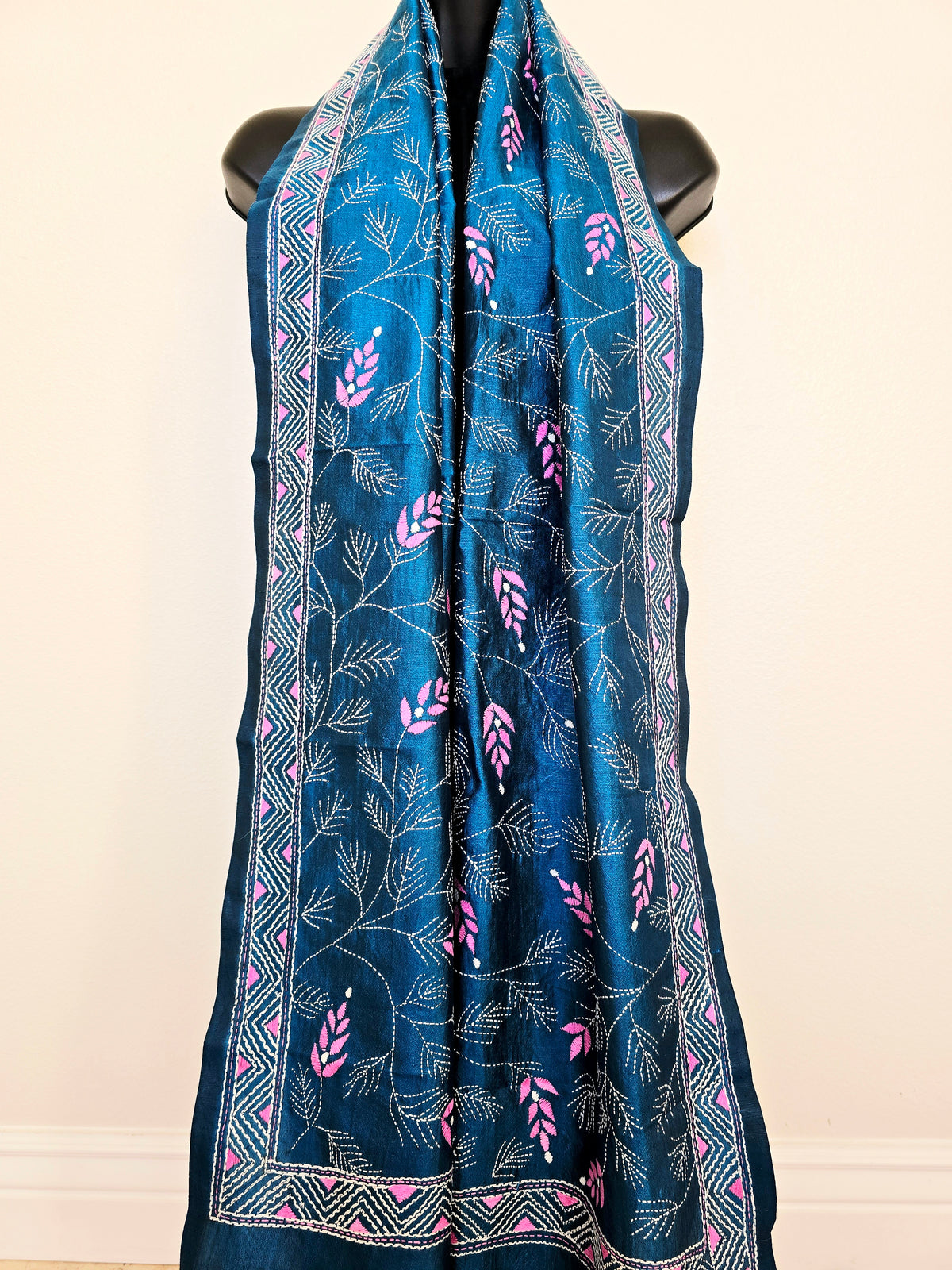 Hand Embroidered Kantha Silk Scarf - Blue Floral Heritage Design - Ohana Earth