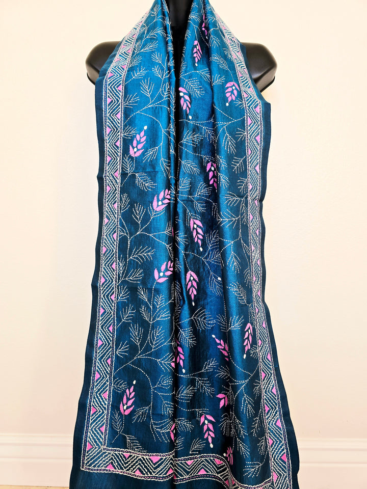 Hand Embroidered Kantha Silk Scarf - Blue Floral Heritage Design - Ohana Earth
