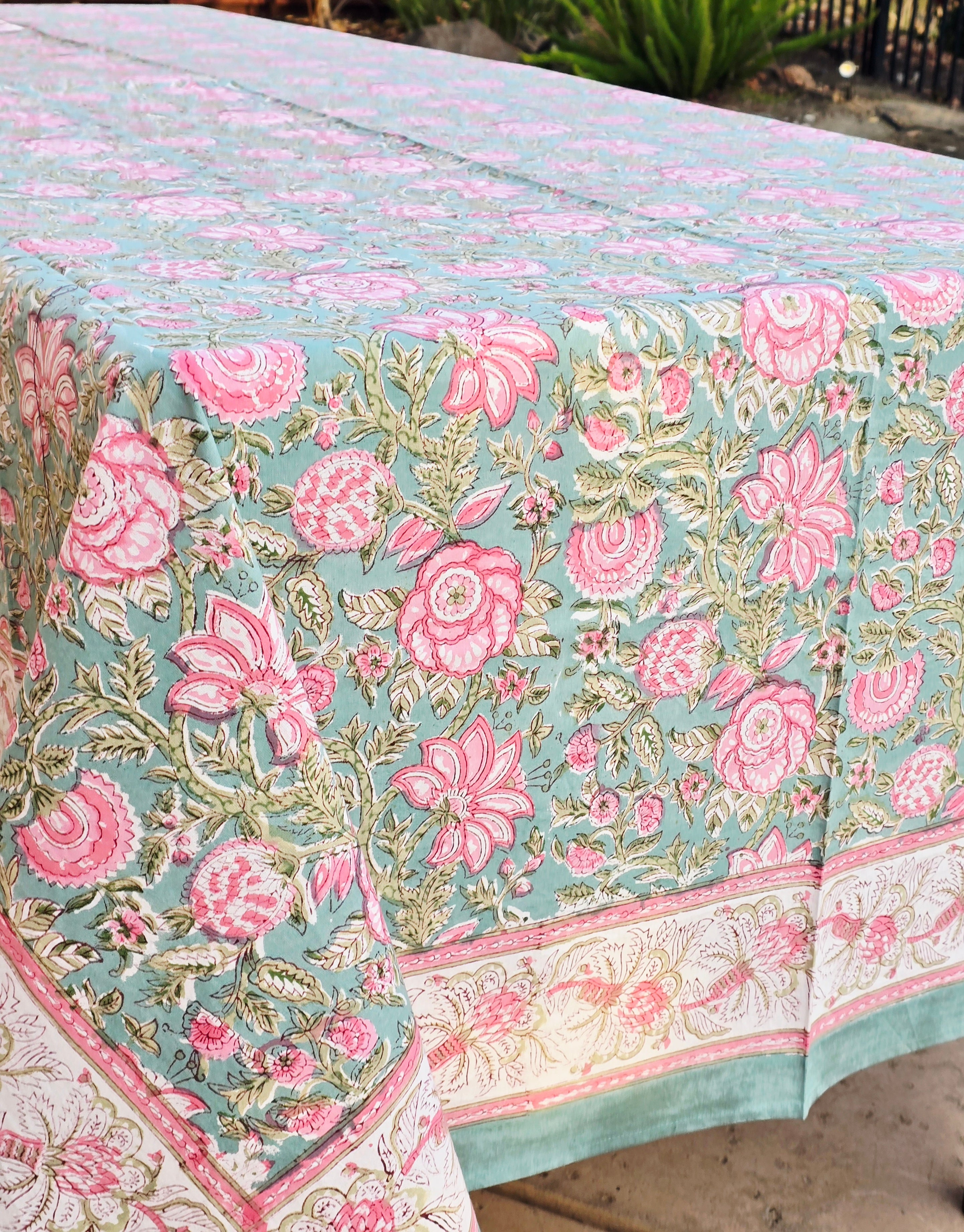 Green Pink Bloom Hand Block Printed Table Cloth - Ohana Earth