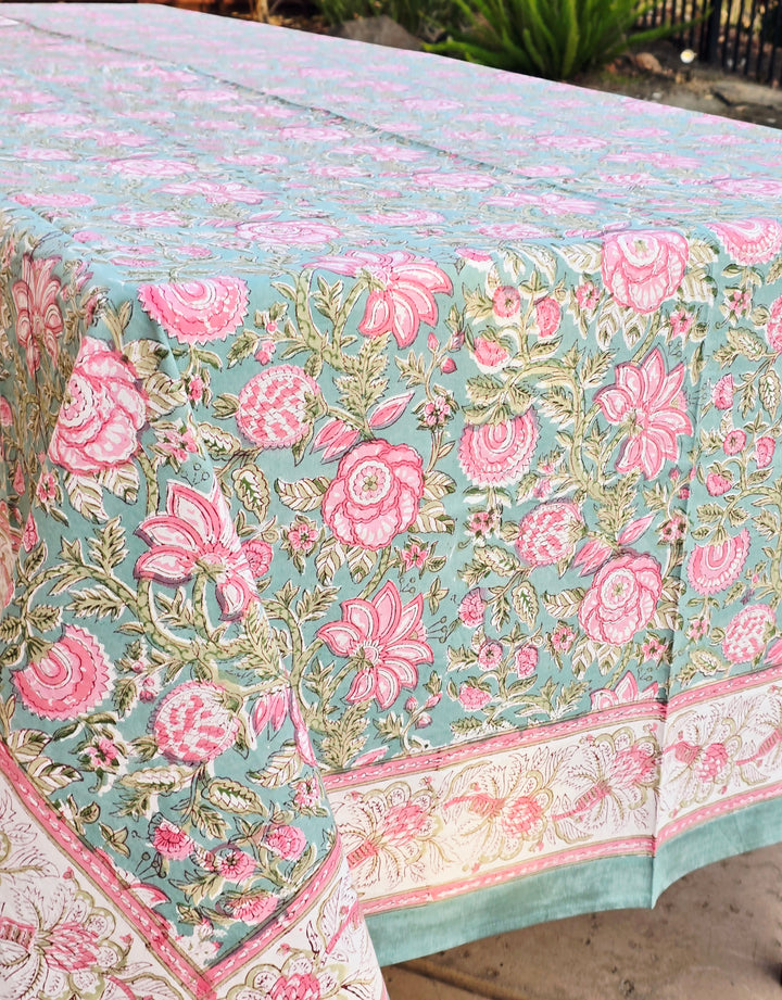 Green Pink Bloom Hand Block Printed Table Cloth - Ohana Earth