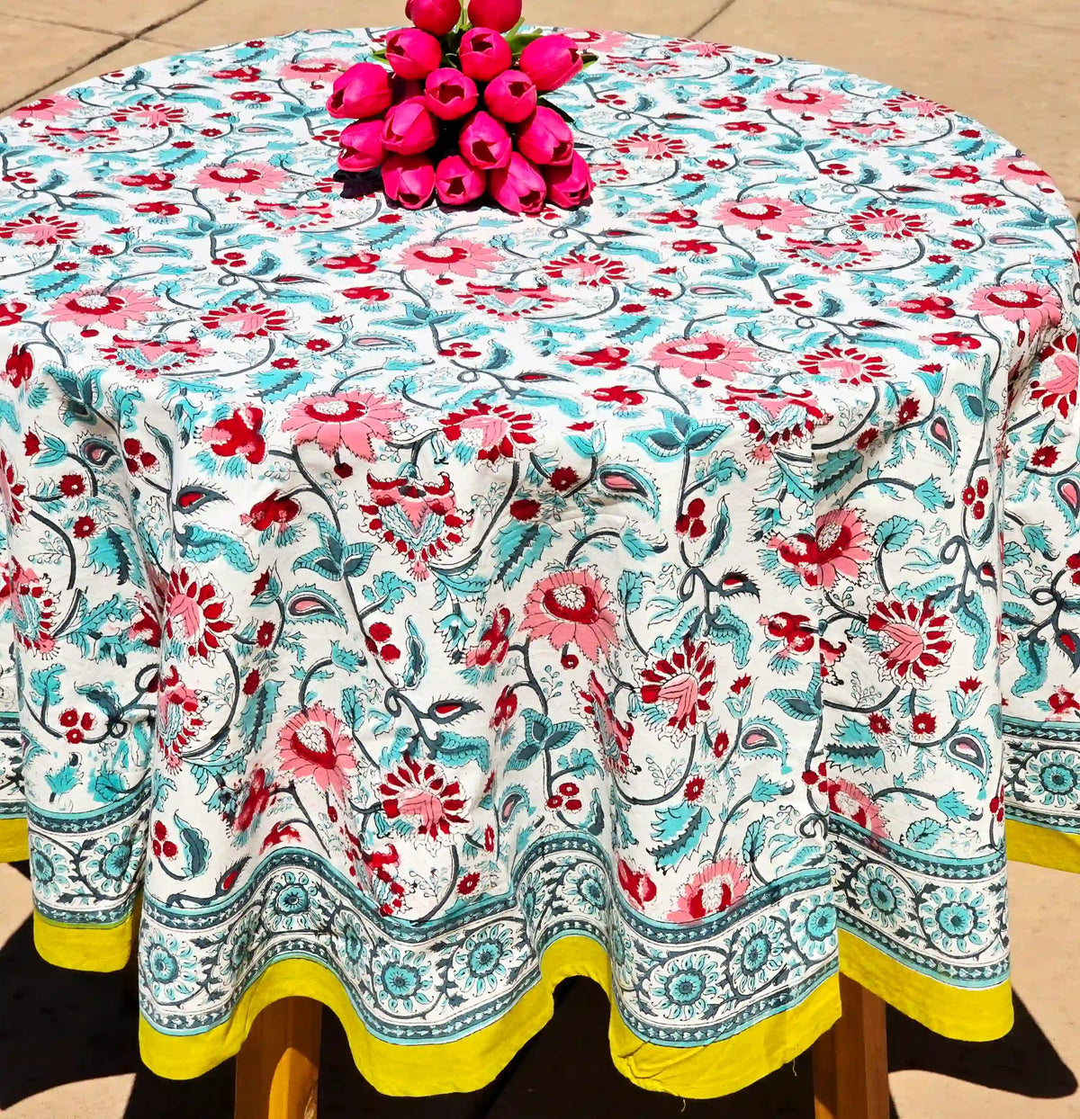 Round Block Print Cotton Tablecloth – White Green Floral Handmade - Ohana Earth