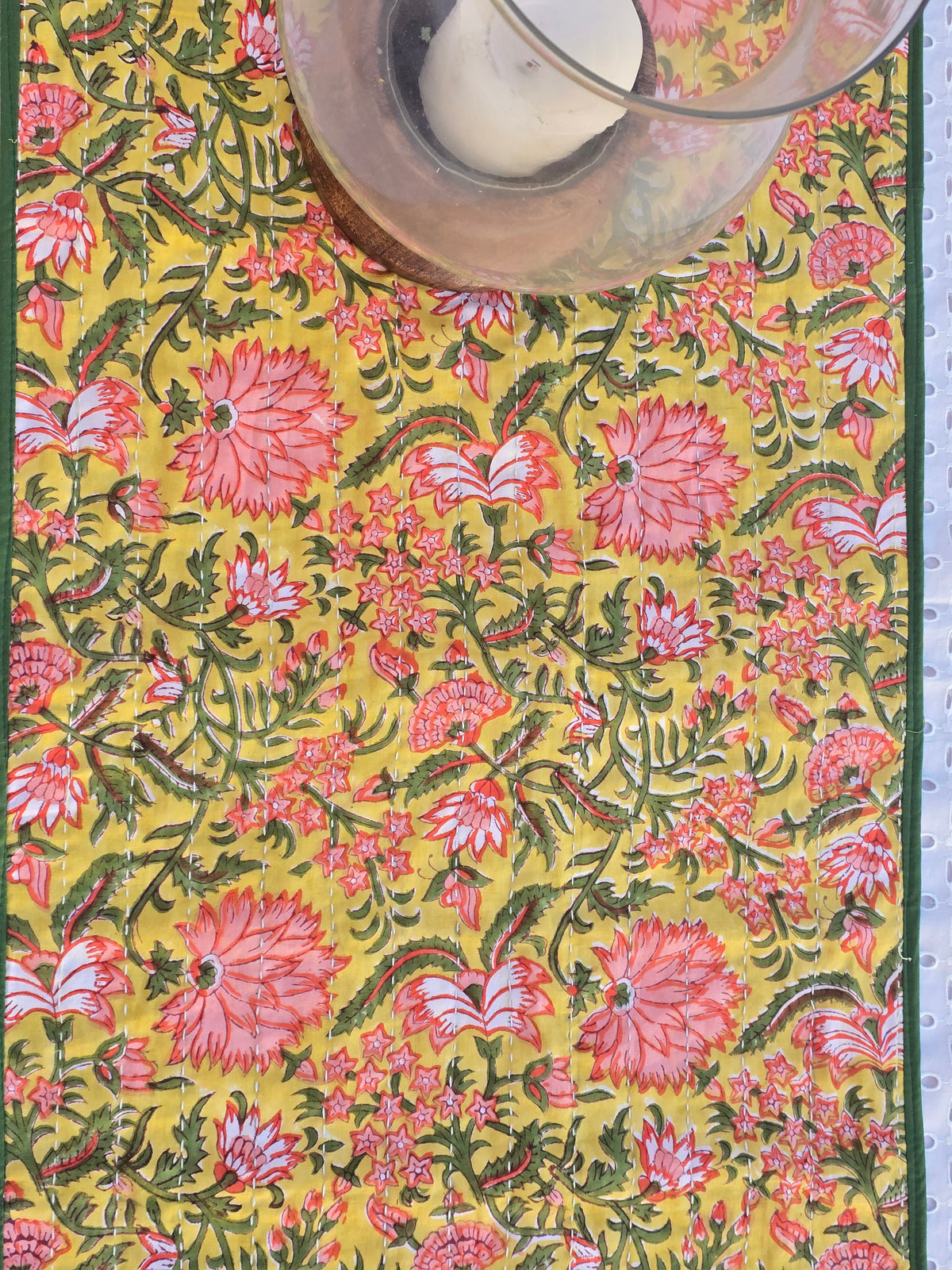 Yellow Floral Handmade Kantha Table Runner | Block Print & Sustainable Cotton - Ohana Earth